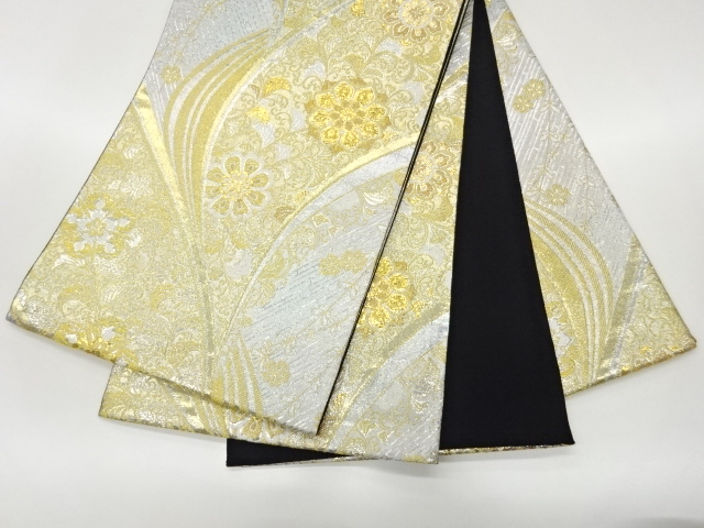  曲線に華紋・唐草・枝垂れ桜模様織出し袋帯